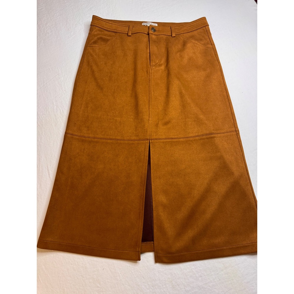 Frye and Co Womens Faux Suede Midi Skirt Cognac Brown Front Slit Size 10